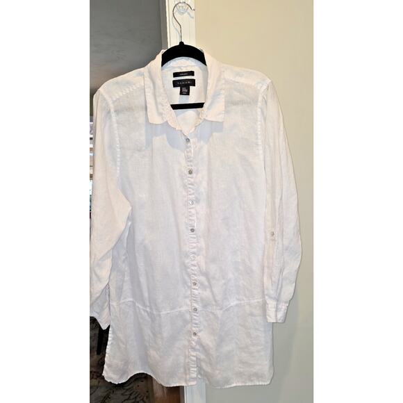 TAHARI Linen Lagenlook Long-Tunic Button-Up Shirt Roll Sleeve White Womens 2XL - Picture 1 of 7